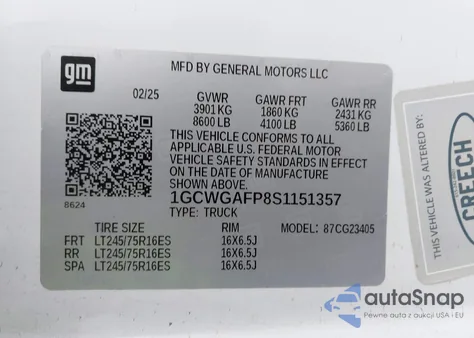 2025 Chevrolet Express Cargo Rwd 2500 Regular Wheelbase Wt from USA, damaged, VIN 1GCWGAFP8S1151357